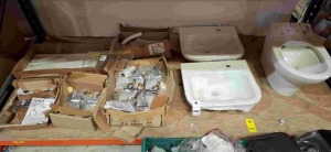 10 X BRAND NEW BATHROOM LOT CONTAINING 2 ARMITAGE SHANKS SINKS CERAMIC BASINS , CROSSLINK TOILET PAN , 5 INCOMPLETE ARMITAGE BATHROOM TAPS , AND 1 BOX OF FIXINGS ON A FULL BAY