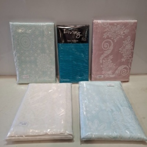 62 X BRAND NEW MIXED LOT CONTAINING 38 JACQUARD WOVEN TABLE CLOTHS IN VARIOUS STYLES IE DUCK EGG , DUSKY PINK , COFFEE FLORAL IN MIXED SIZES 150 X 220 CM , 160 X 240 CM , 160 X 220 , 160 X260CM 24 LIVING TABLE RUNNERS IN BERKELEY TEAL / CREAM SIZE 14 X 