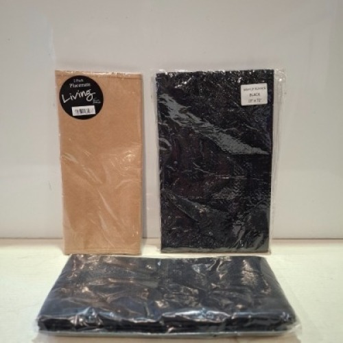 223 X BRAND NEW MIXED LOT CONTAINING 180 BLACK WAFFLE PLACEMATS 32 FAUX SUEDE - COFFEE PLACEMATS 11 BLACK WAFFLE 72 RUNNERS IN ONE BOX