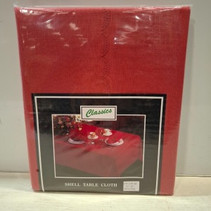 87 X BRAND NEW CLASSIC SHELL TABLE CLOTHS IN SIZES OBLONG 178 X 356 CM AND 178 X 229 CM IN TERRACOTTA IN 4 BOXES