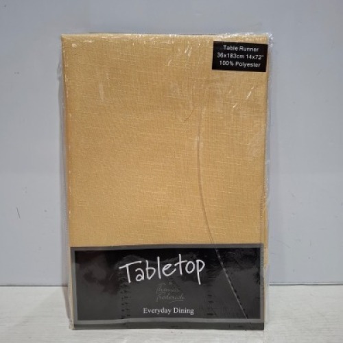 96 X BRAND NEW TABLE RUNNERS BY THOMAS FREDRICK IN GOLD IN SIZE 36 X 183 IN TWO BOXES