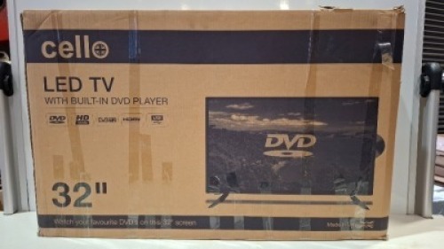 1 X BOXED CELLO 32 INCH LED TV WITH BUILT IN DVD PLAYER - SNCB882400177 - (PLEASE NOTE REFURBISHED GRADE A)