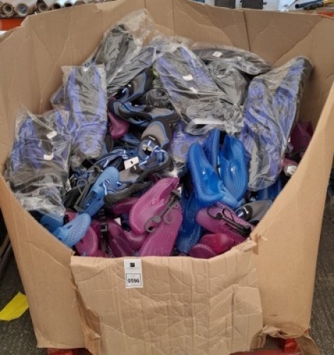 HALF A PALLET BOX OF BRAND NEW MIXED SWIM / FOOTWEAR LOT TO INCLUDE JOSS SWIMMING FINS IN VARIOUS SIZES , MARES AQUAWALK DIVE BOOTS IN VARIOUS SIZES , WATER ATHLITECH WATER SHOES IN BLUE / PURPLE IN HLAF A PALLET BOX