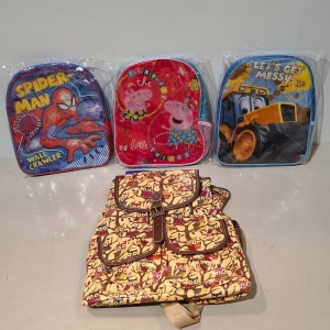 64 X BRAND NEW MIXED BACKPACKS CONTAINING SPIDERMAN BACKPACKS IN BLUE/RED , LET'S GET MESSY DIGGER BACKPACK IN MULTICOLOURED PEPPA PIG OWL BACKPACKS IN BEIGE/RED/YELLOW/MULTICOLOUR IN 3 BOXES