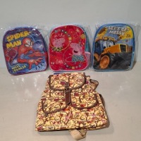 64 X BRAND NEW MIXED BACKPACKS CONTAINING SPIDERMAN BACKPACKS IN BLUE/RED , LET'S GET MESSY DIGGER BACKPACK IN MULTICOLOURED PEPPA PIG OWL BACKPACKS IN BEIGE/RED/YELLOW/MULTICOLOUR IN 3 BOXES
