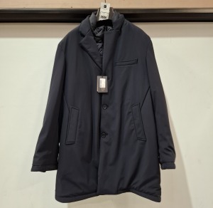 4 X BRAND NEW NAVY BLUE DAN JOHN CAPPOTTO TECNICO COATS, IN VARIOUS SIZES TO INCLUDE - 2 X SIZE 54 & 2 X SIZE 56 - RRP 139.99 PER COAT.