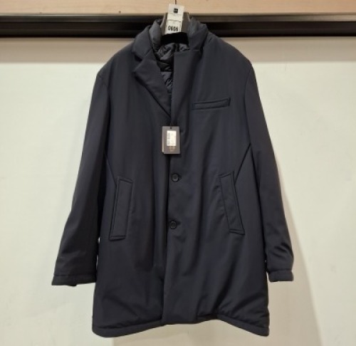 4 X BRAND NEW NAVY BLUE DAN JOHN CAPPOTTO TECNICO COATS, IN VARIOUS SIZES TO INCLUDE - 2 X SIZE 54 & 2 X SIZE 56 - RRP 139.99 PER COAT.