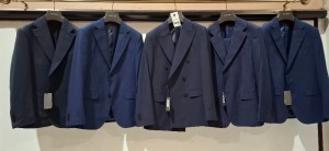 5 X BRAND NEW NAVY BLUE DAN JOHN BLAZERS IN VARIOUS STYLES AND SIZES TO INCLUDE - 2 X SIZE 46 - RRP £99.99 PER BLAZER & 3 X SIZE 48 RRP 1 X £99.99, 1 X £109.99 & 1 X £229.99.