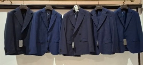 5 X BRAND NEW NAVY BLUE DAN JOHN BLAZERS IN VARIOUS STYLES AND SIZES TO INCLUDE - 2 X SIZE 46 - RRP &pound;99.99 PER BLAZER & 3 X SIZE 48 RRP 1 X &pound;99.99, 1 X &pound;109.99 & 1 X &pound;229.99.
