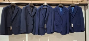 5 X BRAND NEW NAVY BLUE DAN JOHN BLAZERS IN VARIOUS STYLES AND SIZES TO INCLUDE - 3 X SIZE 48 - RRP 2 X £119.99 PER BLAZER & 1 X £129.99, 1 X SIZE 44 - RRP £129.99 & 1 X SIZE 52 - RRP £119.99.