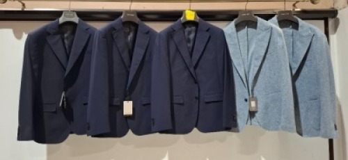 5 X BRAND NEW DAN JOHN BLAZERS IN VARIOUS STYLES AND SIZES TO INCLUDE - 2 X LIGHT AND WHITE BLUE BLAZERS IN SIZES 1 X SIZE 50 & 1 X SIZE 52 - RRP &pound;179.99 AND 3 X NAVY BLUE BLAZERS IN SIZE 50 RRP - 1 X &pound;119.99, &pound; 1 X &pound;129.99 & 1 X &pound;99.99.
