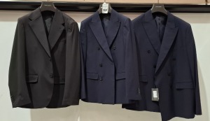 3 X BRAND NEW DAN JOHN BLAZERS IN VARIOUS STYLES AND SIZES TO INCLUDE - 1 X BLACK BLAZER IN SIZE 48 - RRP 159.99 & 2 X NAVY BLUE BLAZERS IN SIZES 44 & 60 - RRP 109.99 PER BLAZER.