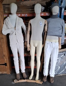 3 X COMPLETE MANNEQUINS WITH ARTICULATED WOODEN ARMS IN SIZE H 180 CM