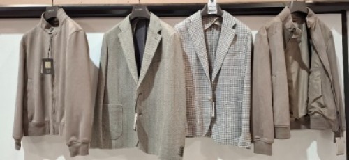 4 X BRAND NEW DAN JOHN MIXED COAT LOT TO INCLUDE 2X BOMBER JACKETS IN GREY AND LIME - L-XL 2X SUIT JACKETS IN GREEN AND WHITE/GREY IN SIZE 50-56 - RRP-&pound;129.99 PP
