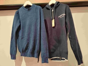 35 X BRAND NEW DAN JOHN LOT TO INCLUDE 20 X ASSORTED SCARFS - JUMPERS - FULL ZIP HOODIES ETC ALL IN VARIOUS STYLES AND SIZES IN 2 TRAYS