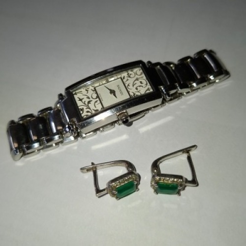 LADIES BALMAIN STEEL QUARTZ BRACELET WATCH (VALUE FOR INSURANCE PURPOSES &pound;200 PLUS A PAIR OF STERLING SILVER EARRINGS (STAMPED 925) WITH GREEN & WHITE STONE SET (VALUE FOR INSURANCE PURPOSES &pound;50) TOTAL VIP &pound;250