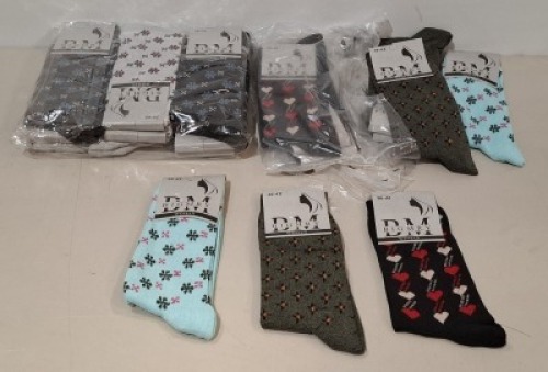 26 X BRAND NEW PACKS OF 12 DM BIGMRY WOMENS SOCKS IN VARIOUS COLOURS IN SIZE 36-42 IN ONE BOX