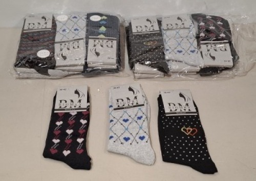 26 X BRAND NEW PACKS OF 12 DM BIGMRY WOMENS SOCKS IN VARIOUS COLOURS IN SIZE 36-42 IN ONE BOX