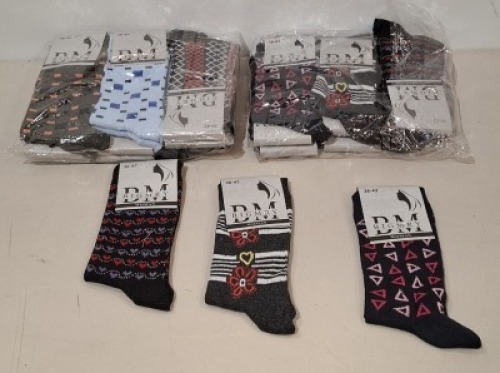 26 X BRAND NEW PACKS OF 12 DM BIGMRY WOMENS SOCKS IN VARIOUS COLOURS IN SIZE 36-42 IN ONE BOX