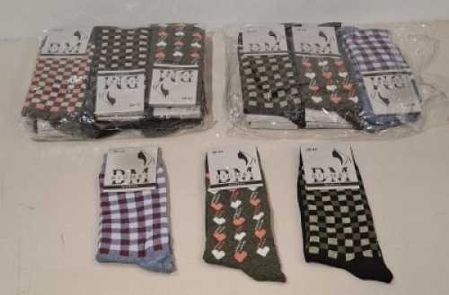 26 X BRAND NEW PACKS OF 12 DM BIGMRY WOMENS SOCKS IN VARIOUS COLOURS IN SIZE 36-42 IN ONE BOX