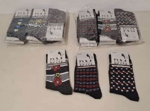 26 X BRAND NEW PACKS OF 12 DM BIGMRY WOMENS SOCKS IN VARIOUS COLOURS IN SIZE 36-42 IN ONE BOX