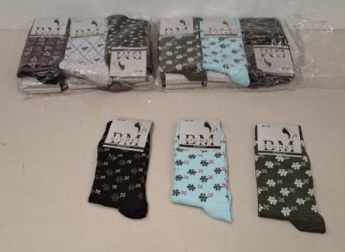 26 X BRAND NEW PACKS OF 12 DM BIGMRY WOMENS SOCKS IN VARIOUS COLOURS IN SIZE 36-42 IN ONE BOX