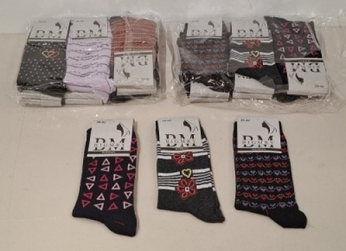26 X BRAND NEW PACKS OF 12 DM BIGMRY WOMENS SOCKS IN VARIOUS COLOURS IN SIZE 36-42 IN ONE BOX