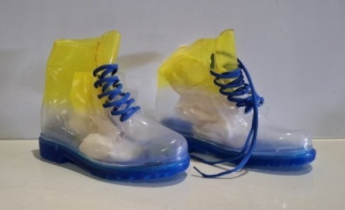 24 X BRAND NEW CHILDRENS TRANSPARENT LACE UP PVC JELLY ANKLE WELLIES IN BLUE/LEMON IN SIZE 4,5,6,7,8 IN TWO BOXES