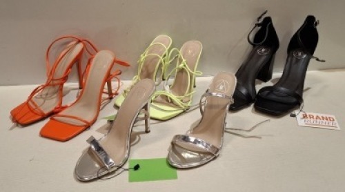 50 X MIXED MISSGUIDED WOMENS SHOES CONTAINING HIGH HEELS IN LIME IN SIZE 5 , HIGH HEELS IN BLACK IN SIZE 6 , CLEAR BLOCK HEEL IN NUDE IN SIZE 4 ETC IN ONE TUB (NOTE - TUBS NOT INCLUDED)