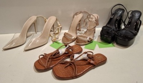 50 X MIXED MISSGUIDED WOMENS SHOES CONTAINING HIGH BLOCK HEEL IN BLACK IN SIZE 6 , STILETTO HEELS IN NUDE IN SIZE 6 , SANDALS IN BROWN IN SIZE 5 ETC IN ONE TUB (NOTE - TUBS NOT INCLUDED)