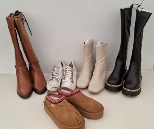 40 X MIXED WOMENS SHOES LOT CONTAINING DUNE LONDON HIGH BOOTS IN BROWN IN SIZE 3 , MISSGUIDED BLOCK HEEL BOOT IN CREAM IN SIZE 6 , HIGH BOOTS IN BLACK IN SIZE 4 , MISSGUIDED HIGH BLOCK HEEL IN ORANGE IN SIZE 4 ETC IN TWO TUBS (NOTE - TUBS NOT INCLUDED)