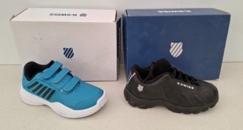 31 X BRAND NEW MIXED CHILDRENS SHOES LOT CONTAINING 26 K-SWISS VELCRO TRAINERS IN TEAL IN SIZES 2.5 , 12, 12.5 AND 13 , AND 5 K-SWISS BLACK/SILVER TRAINERS IN SIZES 1 , 2 , 2.5 AND 13 ON A SHELF