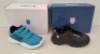 31 X BRAND NEW MIXED CHILDRENS SHOES LOT CONTAINING 26 K-SWISS VELCRO TRAINERS IN TEAL IN SIZES 2.5 , 12, 12.5 AND 13 , AND 5 K-SWISS BLACK/SILVER TRAINERS IN SIZES 1 , 2 , 2.5 AND 13 ON A SHELF