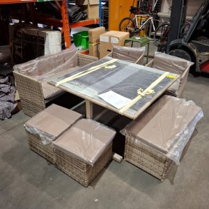 1 X BRAND NEW STUDIO MONACO 7 PIECE CUBE SET TO INCLUDE 1 TABLE IN SIZE 114 X D 114 X H 72 CM , 1 BENCH IN SIZE 94 X D 47 X 37 , 2 FOOT STOOL IN SIZE W 44 X D 44 X 37 CM , 2 CHAIRS IN SIZE D55 X H 68 CM , 1 LOVESEAT IN SIZE 112 X D 55 X H 37 CM IN NATURA