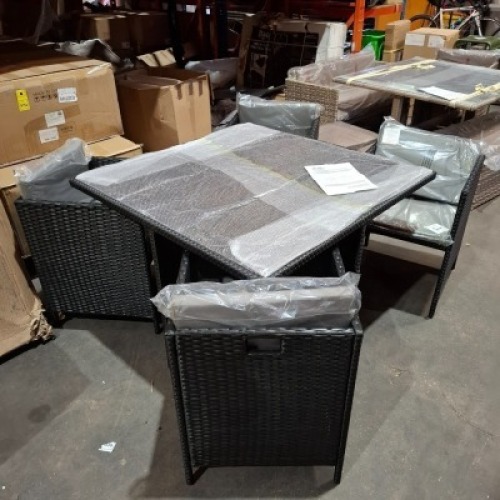 1 X 5 PIECE STUDIO MONACO RATTAN CUBE SET TO INCLUDE 1 TABLE IN SIZE L 110 X W 110 X H 74 CM AND 4 CHAIRS IN SIZE W52 X D52 X H 68 CM IN BLACK / GREY IN TWO BOXES (NOTE CUSTOMER RETURNS )