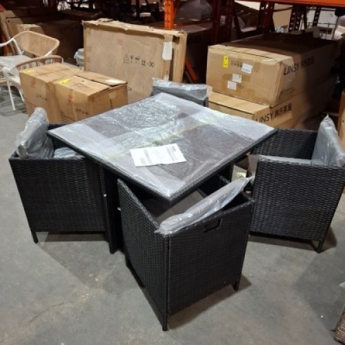 1 X 5 PIECE STUDIO MONACO RATTAN CUBE SET TO INCLUDE 1 TABLE IN SIZE L 110 X W 110 X H 74 CM AND 4 CHAIRS IN SIZE W52 X D52 X H 68 CM IN BLACK / GREY IN TWO BOXES (NOTE CUSTOMER RETURNS )