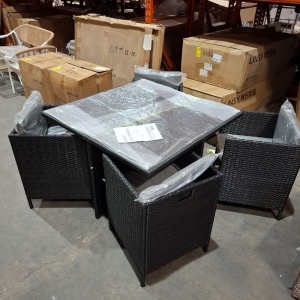 1 X BRAND NEW 5 PIECE STUDIO MONACO RATTAN CUBE SET TO INCLUDE 1 TABLE IN SIZE L 110 X W 110 X H 74 CM AND 4 CHAIRS IN SIZE W52 X D52 X H 68 CM IN BLACK / GREY (NOTE PRE - BUILT )