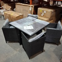 1 X BRAND NEW 5 PIECE STUDIO MONACO RATTAN CUBE SET TO INCLUDE 1 TABLE IN SIZE L 110 X W 110 X H 74 CM AND 4 CHAIRS IN SIZE W52 X D52 X H 68 CM IN BLACK / GREY (NOTE PRE - BUILT )