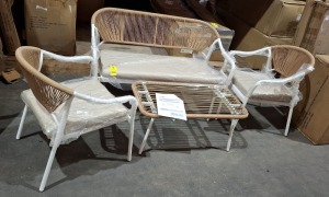 1 X STUDIO MIAMI 4 PIECE GARDEN SET TO INCLUDE TABLE IN SIZE W 88 X D 63 X H 78 AND ONE LOVE SEAT IN SIZE W 125 X D 63 X H 78 AND 2 CHAIRS IN SIZE W 60 X D 63 X H 78 CM IN NATURAL IN ONE BOX (NOTE CUSTOMER RETURNS )