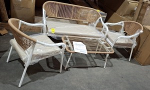 1 X BRAND NEW STUDIO MIAMI 4 PIECE GARDEN SET TO INCLUDE TABLE IN SIZE W 88 X D 63 X H 78 AND ONE LOVE SEAT IN SIZE W 125 X D 63 X H 78 AND 2 CHAIRS IN SIZE W 60 X D 63 X H 78 CM IN NATURAL - ( NOTE PRE BUILT )