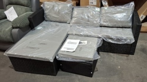 1 X STUDIO BALI CORNER RATTAN SOFA IN BLACK TO INCLUDE SOFA IN SIZE W 128 X D 64 X H 61CM AND ONE TABLE / FOOT STOOL IN SIZE W 50 X 50 X H 30 CM IN ONE BOX (CUSTOMER RETURNS / UNKNOWN CONDITION )