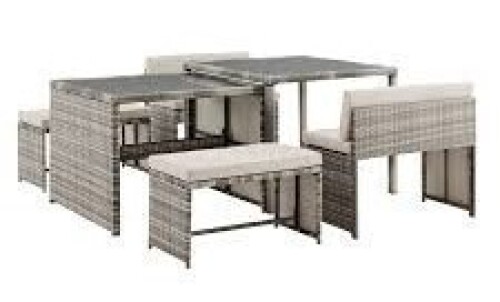 1 X STUDIO ALGIERS 6 PIECE RATTAN DINING BENCH SET IN GREY TO INCLUDE LARGE TABLE IN SIZE W 100 X D 100 X H 80 CM , SMALL TABLE IN SIZE W 100 X D 88 X H 75 CM , DOUBLE CHAIR IN SIZE W 90 X D 44 X H 70 CM , BENCH IN SIZE W 80 X D 40 X H 41 CM IN 3 BOXES (N