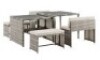 1 X STUDIO ALGIERS 6 PIECE RATTAN DINING BENCH SET IN GREY TO INCLUDE LARGE TABLE IN SIZE W 100 X D 100 X H 80 CM , SMALL TABLE IN SIZE W 100 X D 88 X H 75 CM , DOUBLE CHAIR IN SIZE W 90 X D 44 X H 70 CM , BENCH IN SIZE W 80 X D 40 X H 41 CM IN 3 BOXES (N
