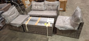 1 X BRAND NEW STUDIO ADANA 4 PIECE RATTAN LOUNGE SET IN GREY LOT TO INCLUDE LOVE SEAT IN SIZE W 136 X D 70 X H 61 CM , TEA TABLE IN SIZE W 100 X D 50 X H 40 CM AND TWO SINGLE CHAIRS IN SIZE W 57 X D 66 X H 61