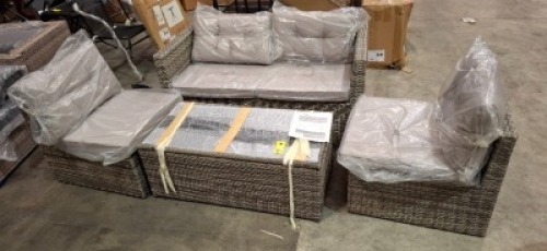 1 X BRAND NEW STUDIO ADANA 4 PIECE RATTAN LOUNGE SET IN GREY LOT TO INCLUDE LOVE SEAT IN SIZE W 136 X D 70 X H 61 CM , TEA TABLE IN SIZE W 100 X D 50 X H 40 CM AND TWO SINGLE CHAIRS IN SIZE W 57 X D 66 X H 61