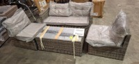 1 X BRAND NEW STUDIO ADANA 4 PIECE RATTAN LOUNGE SET IN GREY LOT TO INCLUDE LOVE SEAT IN SIZE W 136 X D 70 X H 61 CM , TEA TABLE IN SIZE W 100 X D 50 X H 40 CM AND TWO SINGLE CHAIRS IN SIZE W 57 X D 66 X H 61