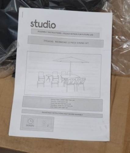 1 X STUDIO RICHMOND 11 PIECE DINING SET IN BLACK / GREY TO INCLUDE FOLDING DINING TABLE IN SIZE D 100 X H 75 , PARASOL , 6 CHAIRS IN SIZE W 54.5 X D 71 X H 88.5 CM , 2 FOOTSTOOLS IN SIZE W49 X D 47.5 X H 34 CM , SIDE TABLE IN SIZE D 46 X H 48 (NOTE CUSTO