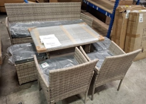 1 X STUDIO FIJI 6 PIECE DINING SET IN GREY TO INCLUDE TABLE IN SIZE W 97 X D 62 X H 62 , 3 SEAT SOFA IN SIZE W 156 X D 53 X H 81 , 2 FOOT STOOLS IN SIZE W 38 X D 38 X H 38 , 2 CHAIRS IN SIZE W 56 X D 53 X H 81CM IN TWO BOXES (NOTE CUSTOMER RETURNS )