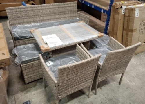 1 X STUDIO FIJI 6 PIECE DINING SET IN GREY TO INCLUDE TABLE IN SIZE W 97 X D 62 X H 62 , 3 SEAT SOFA IN SIZE W 156 X D 53 X H 81 , 2 FOOT STOOLS IN SIZE W 38 X D 38 X H 38 , 2 CHAIRS IN SIZE W 56 X D 53 X H 81CM IN TWO BOXES (NOTE CUSTOMER RETURNS )