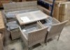 1 X STUDIO FIJI 6 PIECE DINING SET IN GREY TO INCLUDE TABLE IN SIZE W 97 X D 62 X H 62 , 3 SEAT SOFA IN SIZE W 156 X D 53 X H 81 , 2 FOOT STOOLS IN SIZE W 38 X D 38 X H 38 , 2 CHAIRS IN SIZE W 56 X D 53 X H 81CM IN TWO BOXES (NOTE CUSTOMER RETURNS )